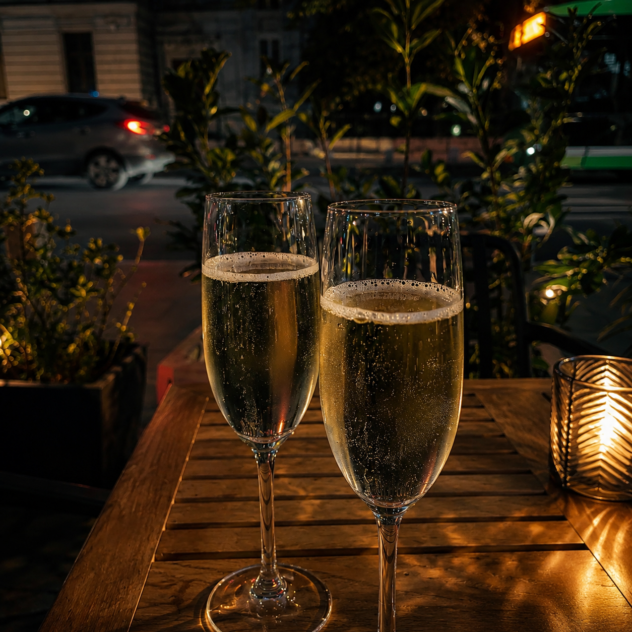 Champagne glasses at Green Caffe After Dark
